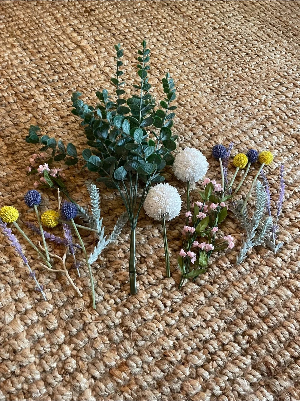 Artificial Eucalyptus & Mixed Wildflower Bouquet - Green, White, Yellow, Purple
